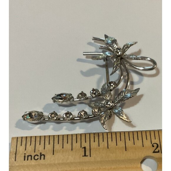 Vintage Silver Tone Floral Rhinestone Brooch Pin Krementz 1.75" L Jewelry - Picture 3 of 3